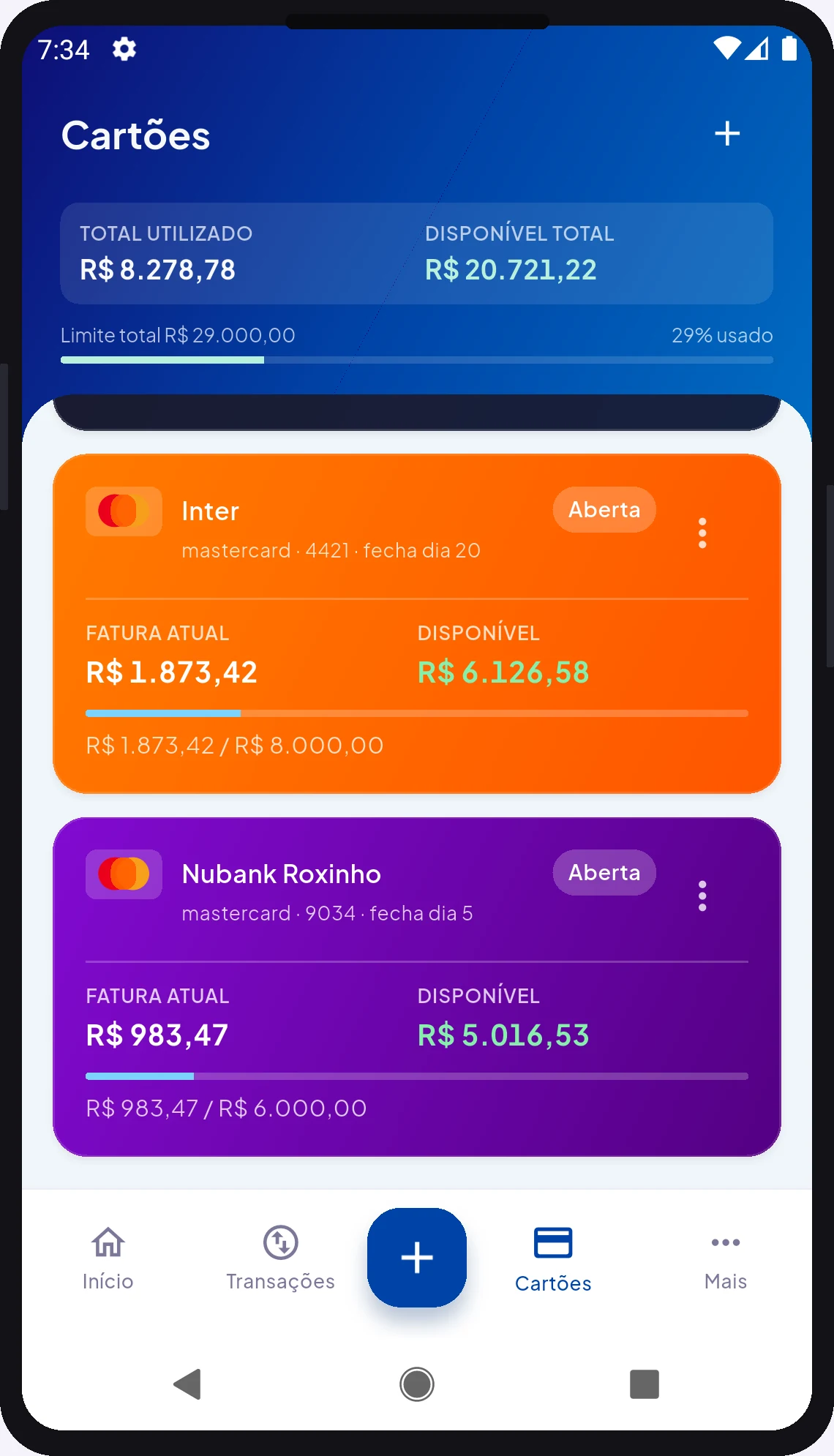 App TaglyMoney — tela Cartões com faturas em aberto