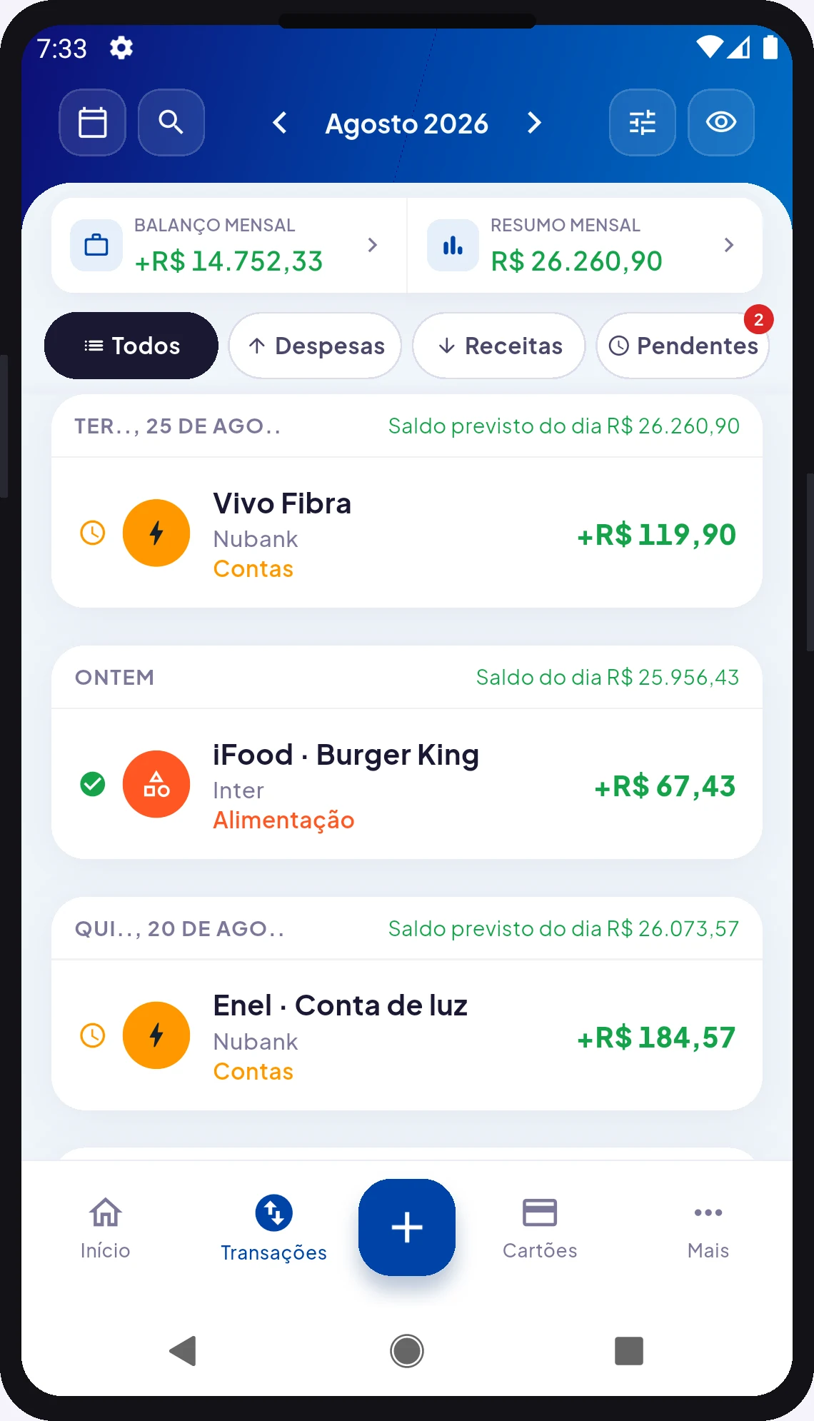 App TaglyMoney — tela Extrato com lançamentos e saldo do dia