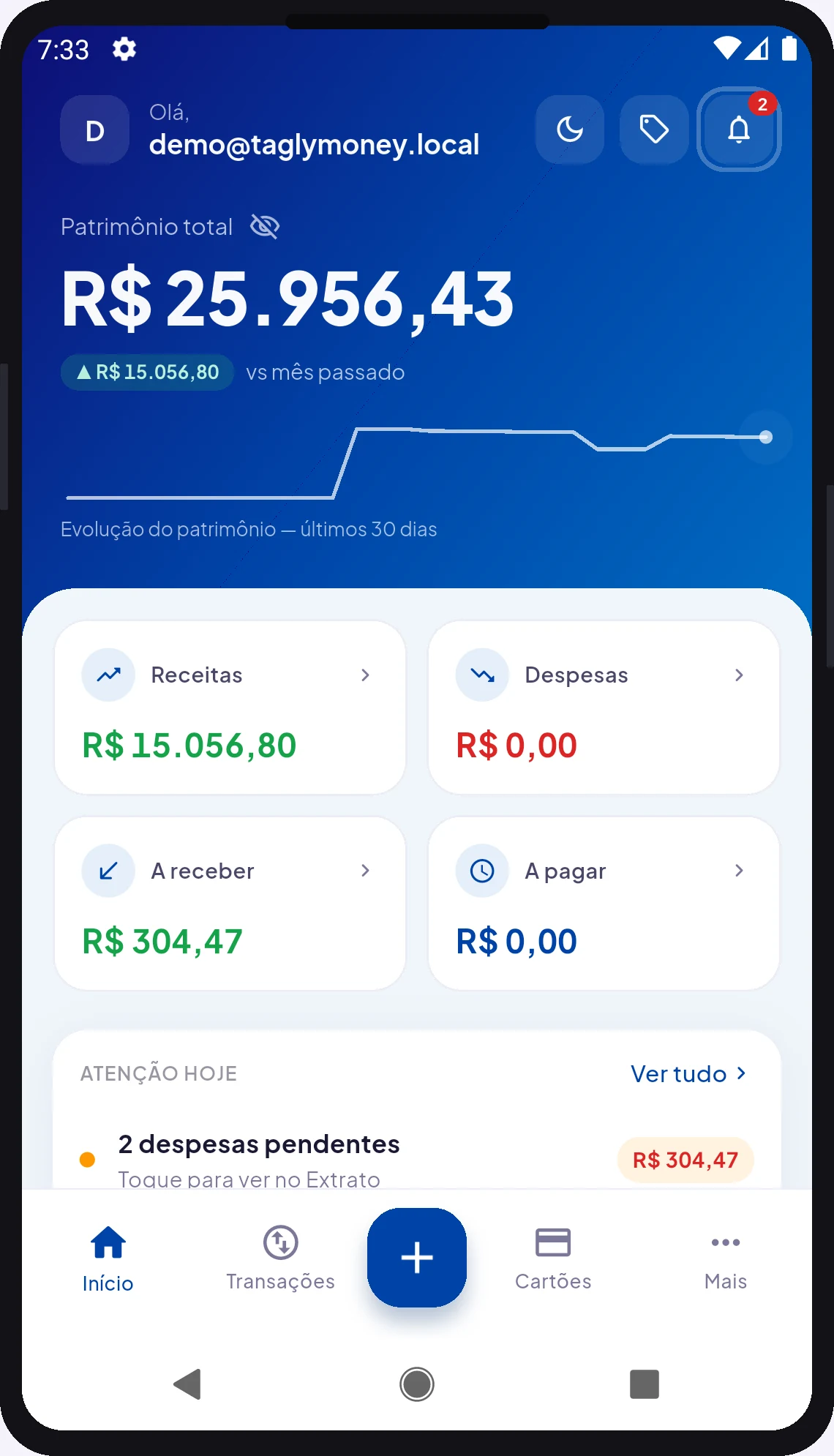 App TaglyMoney — tela Início com visão do mês